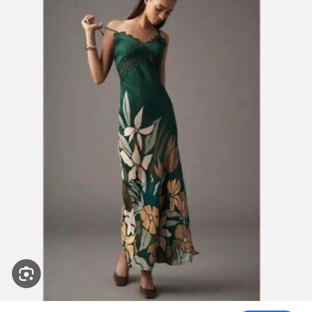 Anthropologie Teal and Beige Floral Maxi Dress